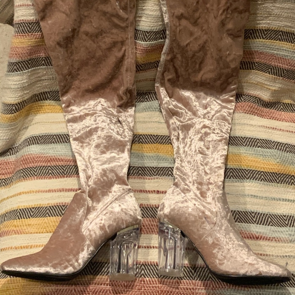 Brand new thigh high pink velvet boots
